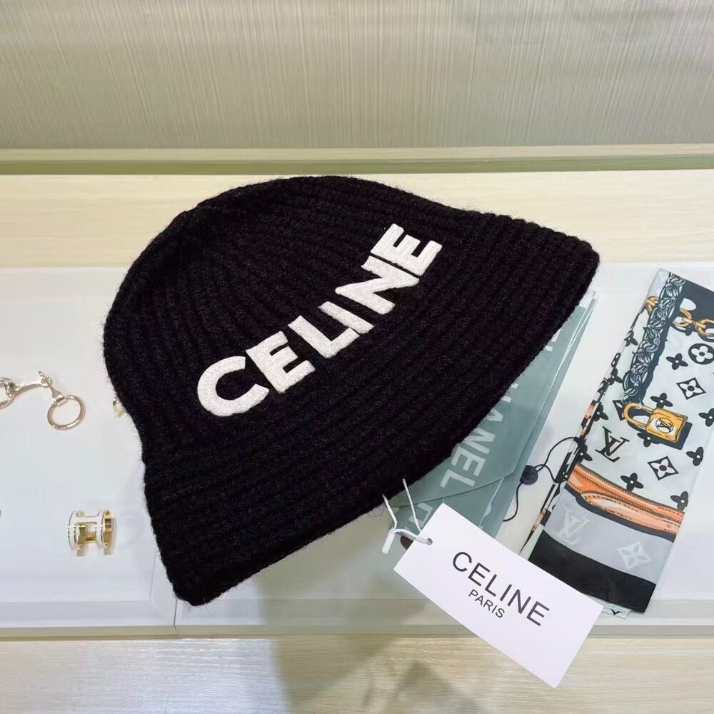 Celine Logo Ribbed Knit Beanie in Black